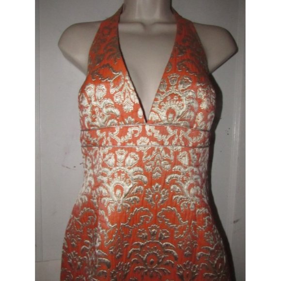David Meister Orange With Metallic Floral Brocade Print Silk With A Halter Top - Picture 9 of 12